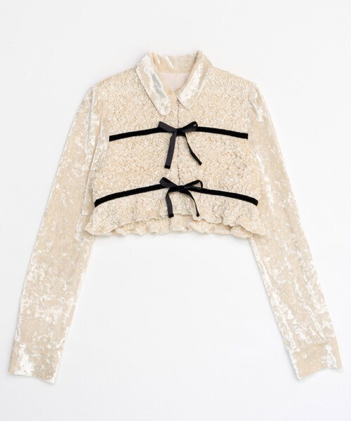 MAISON SPECIAL Shirring Velor Ribbon Blouse