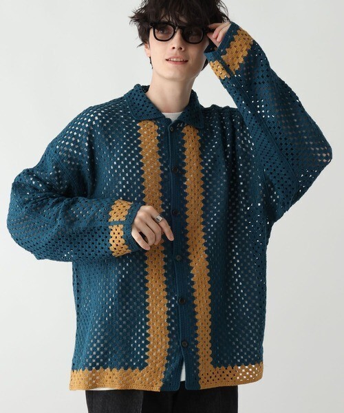 RAGEBLUE クロシェ編みニットシャツカーディガン