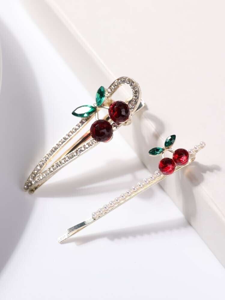 SHEIN 2個 ラインストーン チェリーデコレーション ヘアクリップ