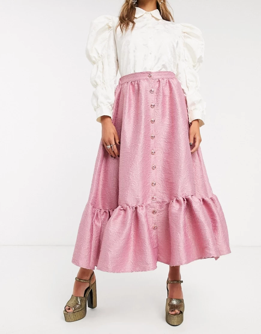 sister jane Button Front Midaxi Skirt With Peplum Hem In Jacquard
