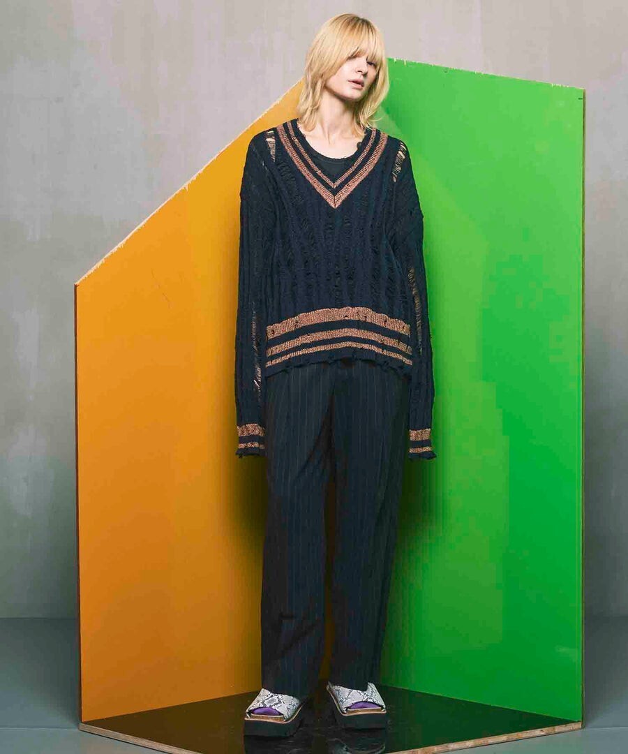 MAISON SPECIAL Prime-Over Japan Paper Damaged Tilden V-Neck Knit Pullover