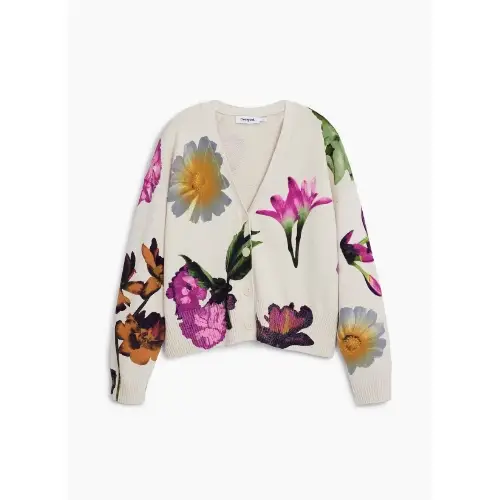Desigual ビッグフラワー Vネックカーディガン オフホワイト