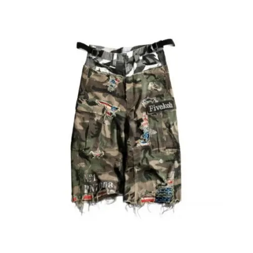 FIVEKOH HAND DISTRESSED CAMO CARGO SHORTS