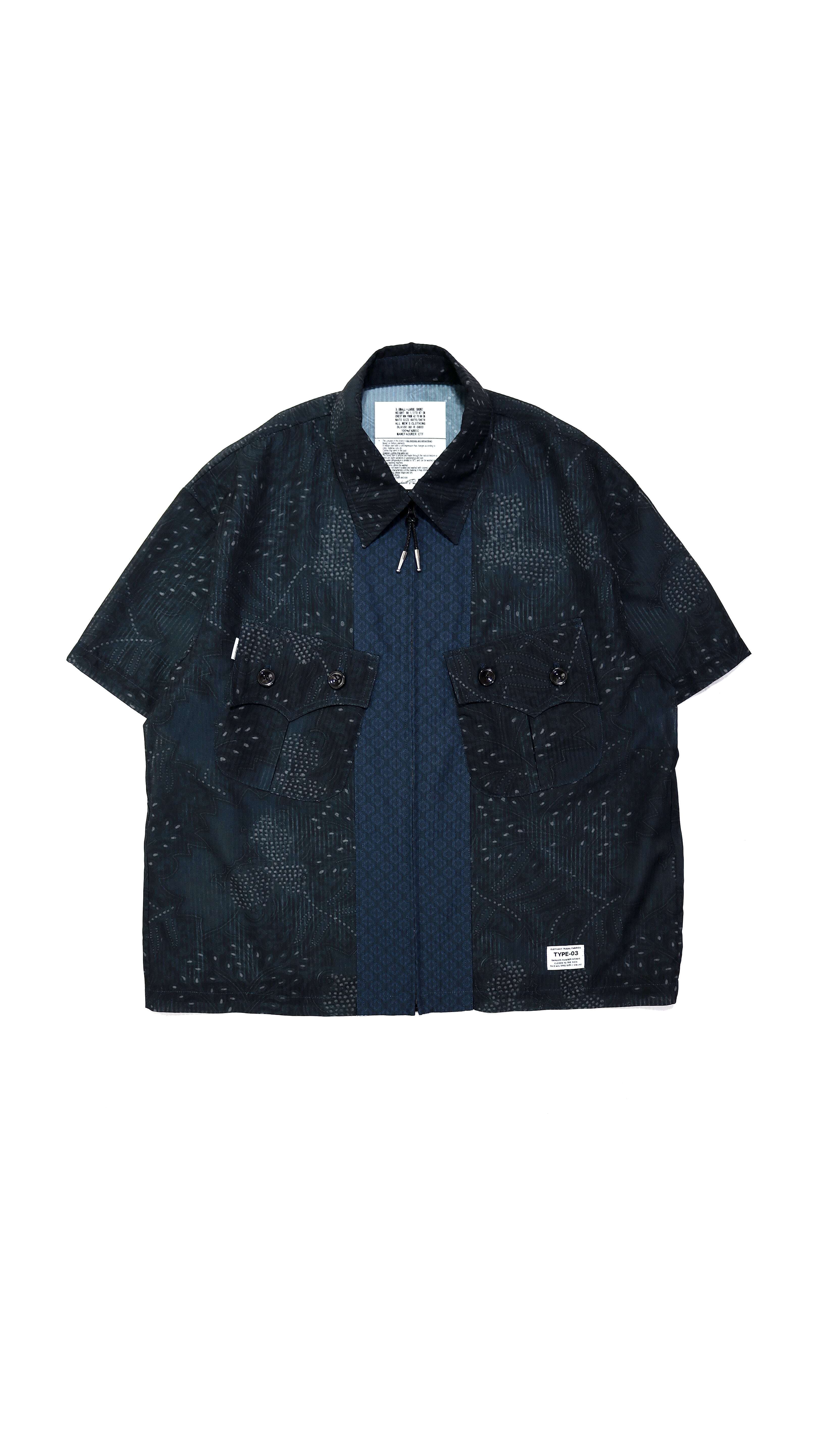 elephant TRIBAL fabrics FRONT PANEL ZIP SHIRT BLUE BLACK