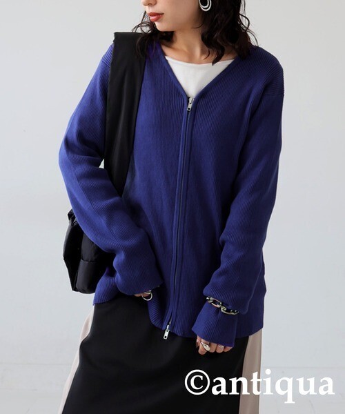 antiqua ファスナーデザインリブカーディガン