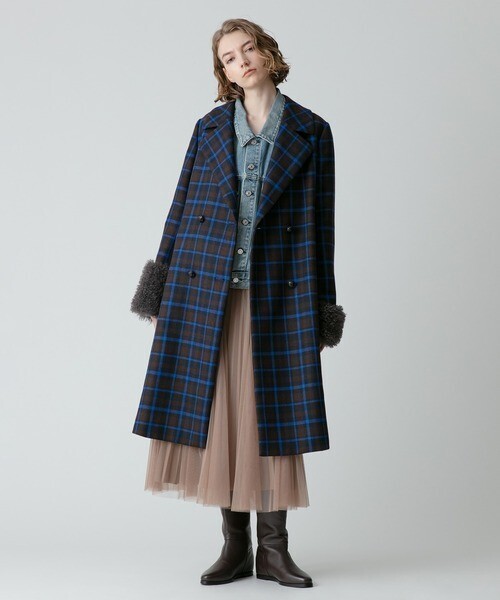 allureville ウィンドペンチェックファーカフスコート