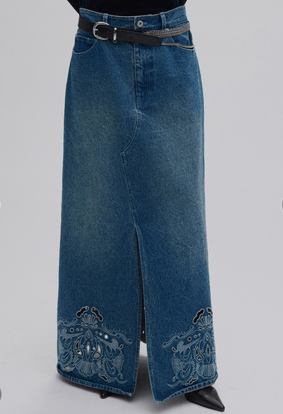 AMERI VINTAGE UND CUTWORK EMBROIDERY DENIM SKIRT