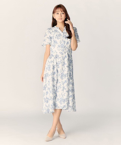 LAISSE PASSE ラインフラワープリントミディワンピース