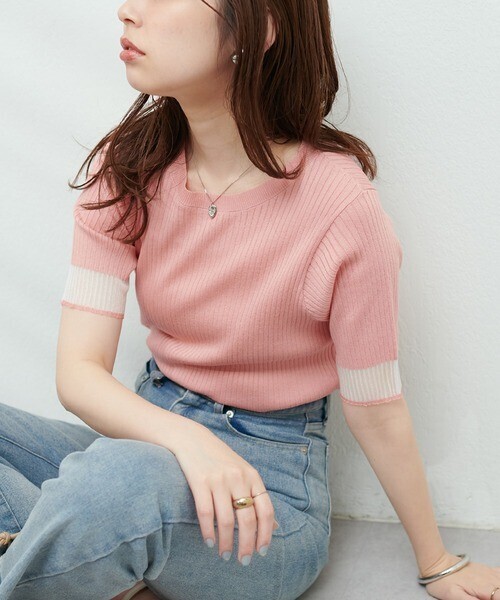 natural couture 袖口シアー強撚リブニット