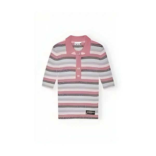 GANNI Pink Striped Sparkle Rib Polo T-Shirt