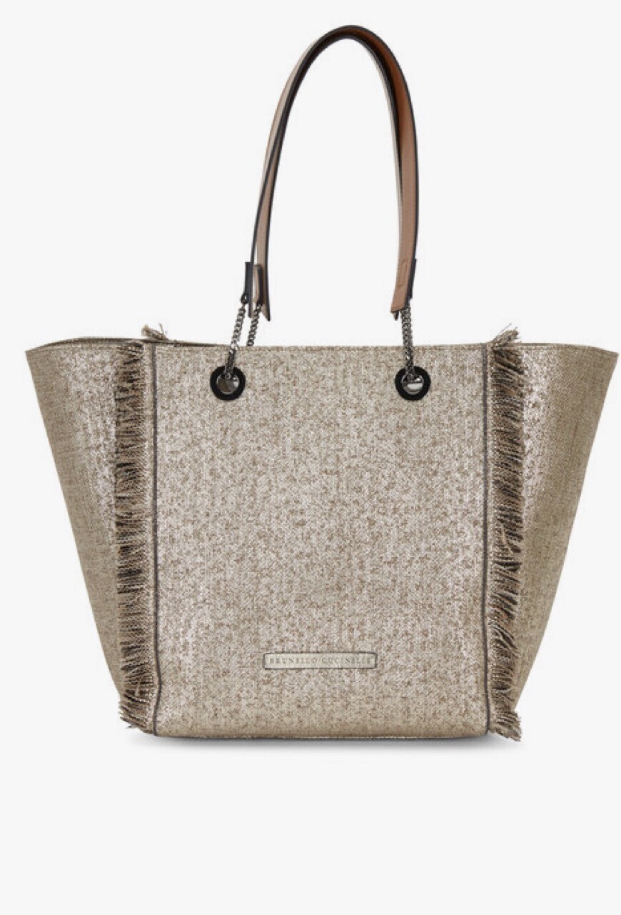 BRUNELLO CUCINELLI Platinum Metallic Woven & Leather Reversible Tote