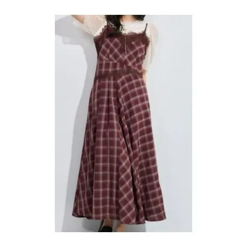 mysty woman 切り替えチェックレースキャミワンピース