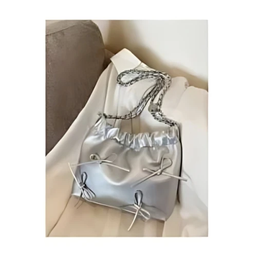 SHEIN 蝶々結びデコレーション シルバー ファンキー ドローストリングデザイン チェーン ストラップ スクエアバッグ