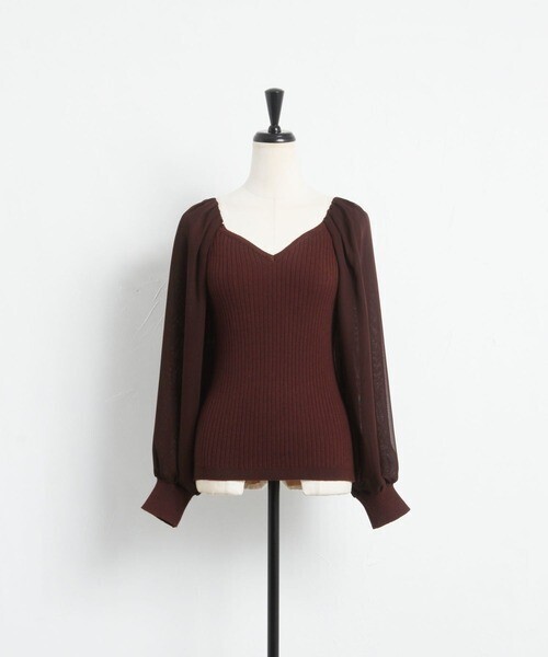 tocco シフォンバルーンスリーブ切り替えハートネックリブニットプルオーバー