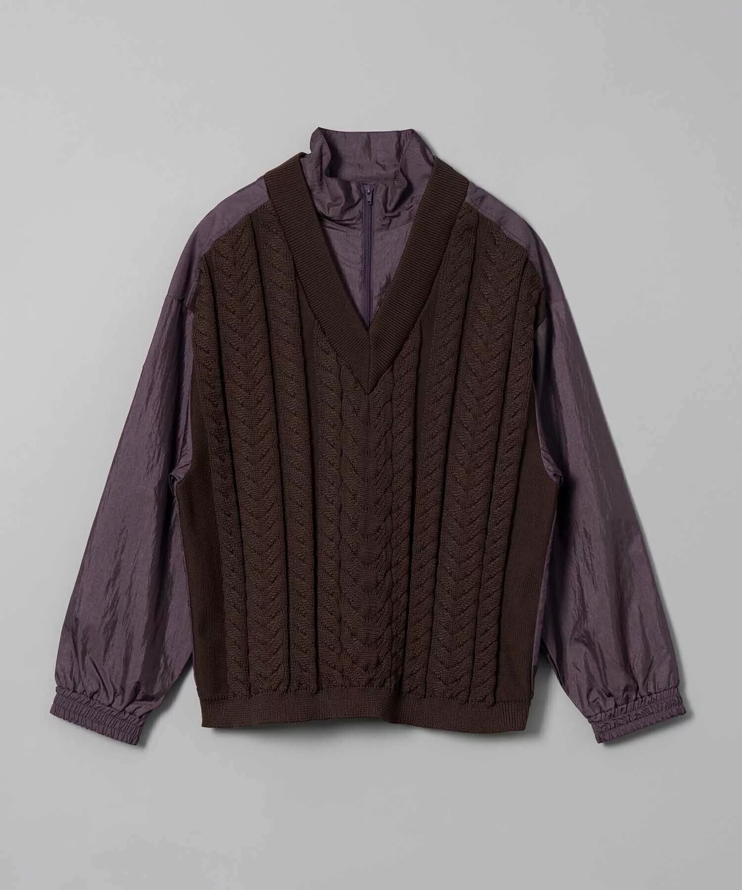 MAISON SPECIAL Cable Knit Combination Prime-Over Woven Shirt Half-Zip