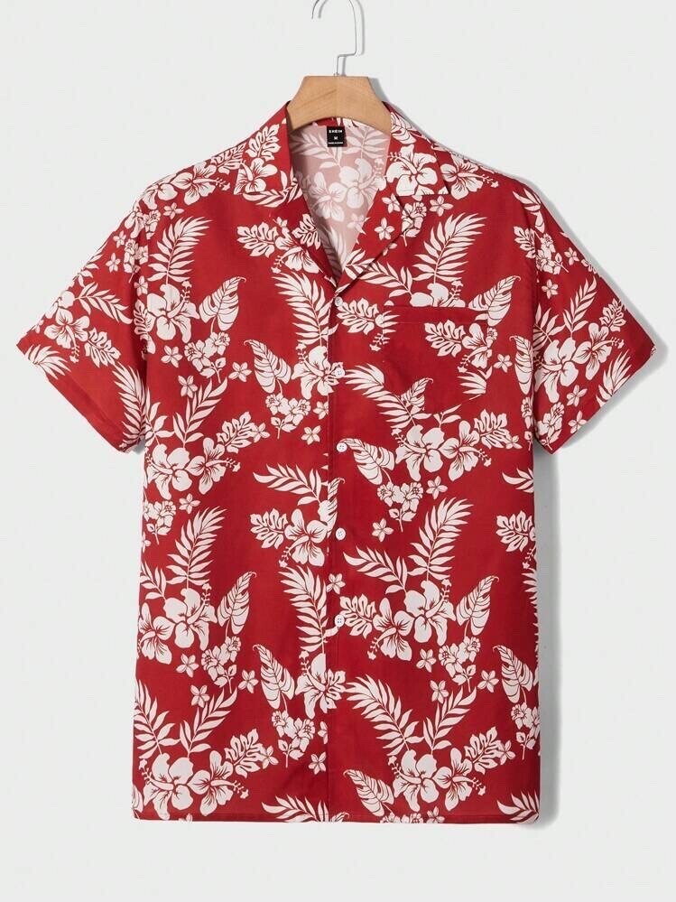 SHEIN Manfinity VCAY 熱帯柄 半袖 レッドシャツ 夏休み用メンズ