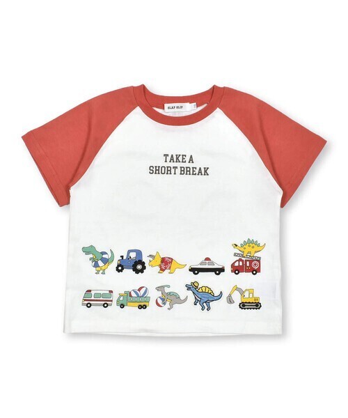slap slip 恐竜昆虫海のいきものいろんなモチーフ渋滞プリントラグランスリーブ半袖Tシャツ