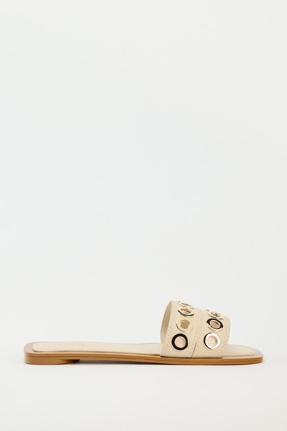 ZARA メタルトリム レザー フラットスライドサンダル