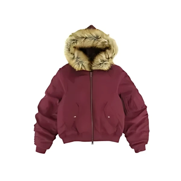ALEXIA STAM Fur Hooded Bomber Jacket Burgundy