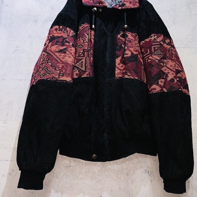 Vintage 90's"EURO VINTAGE"pattern knit×suède jacket