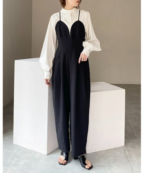 She's Closet バッククロスハイウエストビスチェオールインワンワイドパンツサロペット