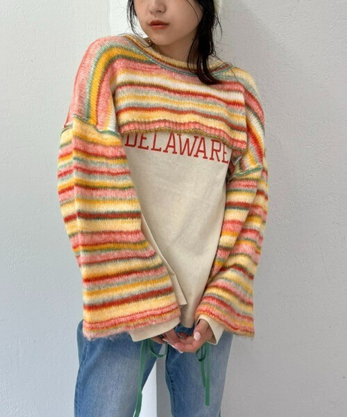 HELLO.SANFRANCISCO プリントTEE付マルチボーダーリボンニット