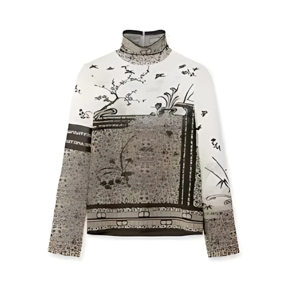 Mame Kurogouchi Nature Pattern Sheer Knitted High Neck Top
