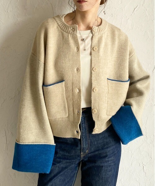 She's Closet ショート丈長袖配色バイカラーニットカーディガン