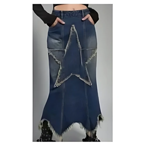 SHEIN Grunge Punk スターパターン 擦り付け柄ヘム 腰ポケット デニムスカート