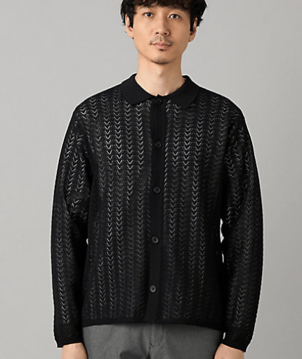 COMME CA MEN 透かし編み ポロカーディガン