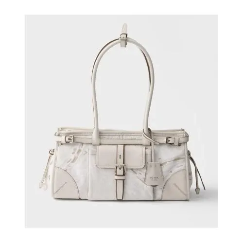 PRADA プリントリネン レザー ハンドバッグ