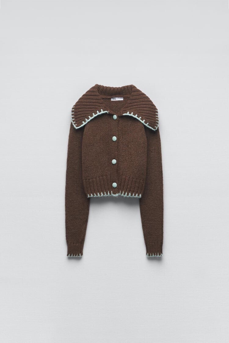ZARA コントラストトップステッチ ニット カーディガン
