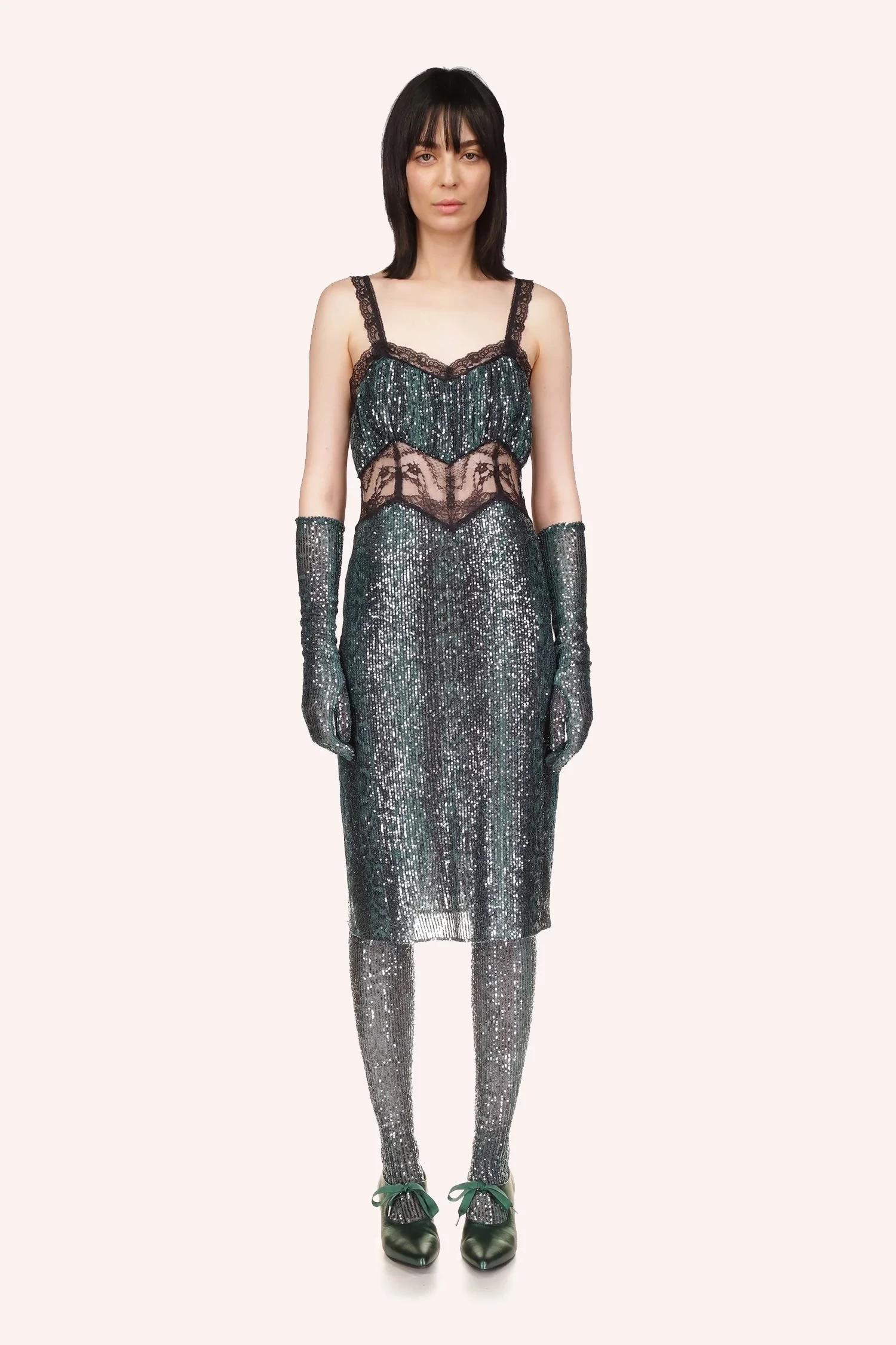ANNA SUI Snakeskin Sequin & Lace Midi Dress Emerald Multi