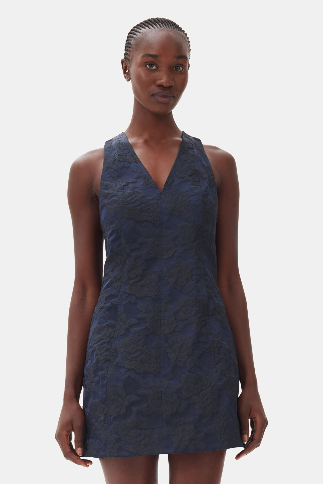 GANNI NAVY BLUE BOTANICAL JACQUARD TIE STRAP MINI DRESS