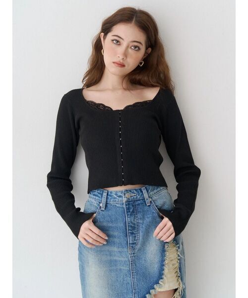 EVRIS フロントホックレースドッキングニットトップス