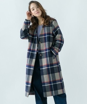 OZOC 【2WAYフード付き】Vネックノーカラーチェックコート