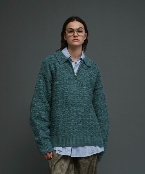 soerte Oversize half zip jacquard knit polo(reversible)