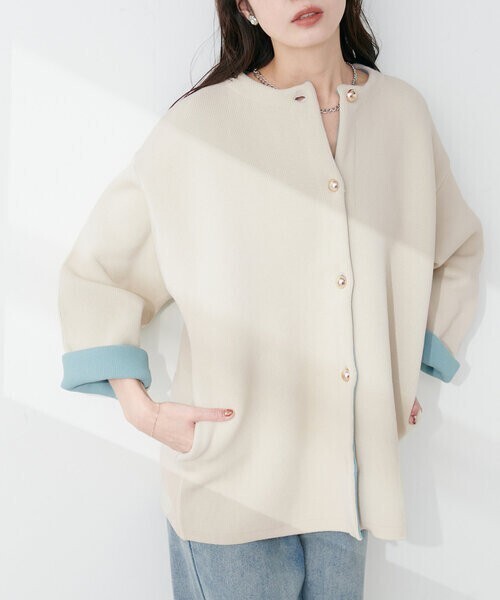natural couture 配色プレーティングポリニットカーデ