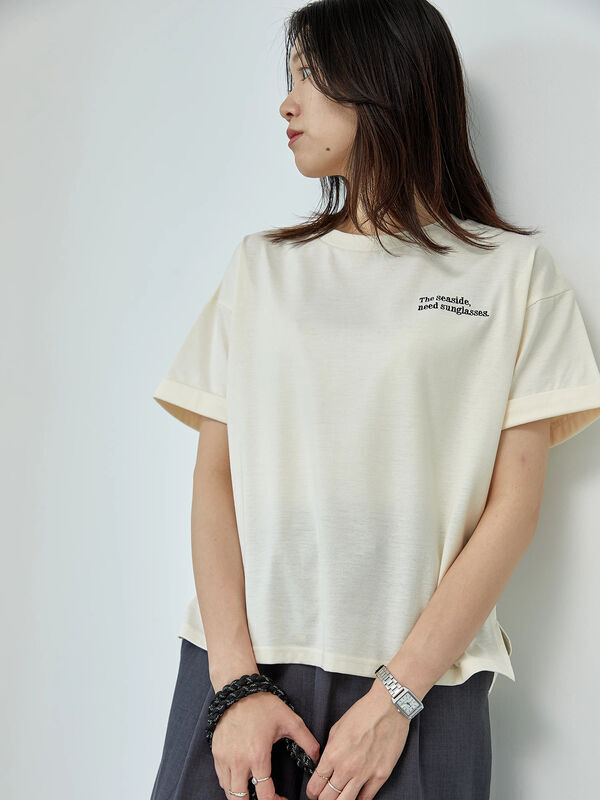 Samansa Mos2 blue 【接触冷感】ロゴ刺繍Tシャツ