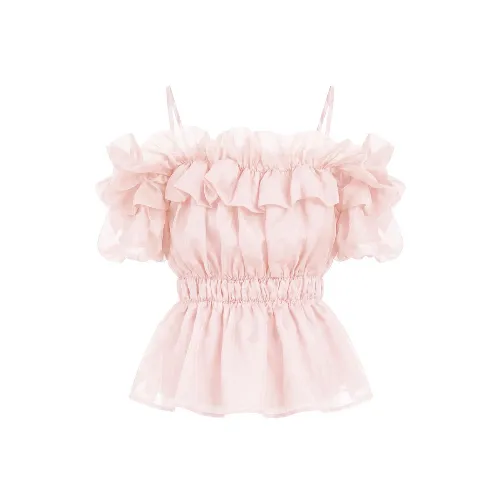 Rosé Muse Sheer gather off shoulder tops