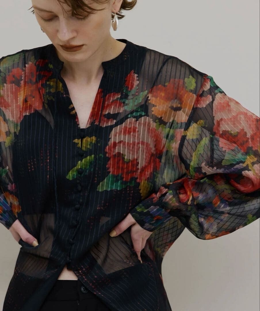 Ameri VINTAGE JACQUARD FLOWER PATTERN SHEER BLOUSE