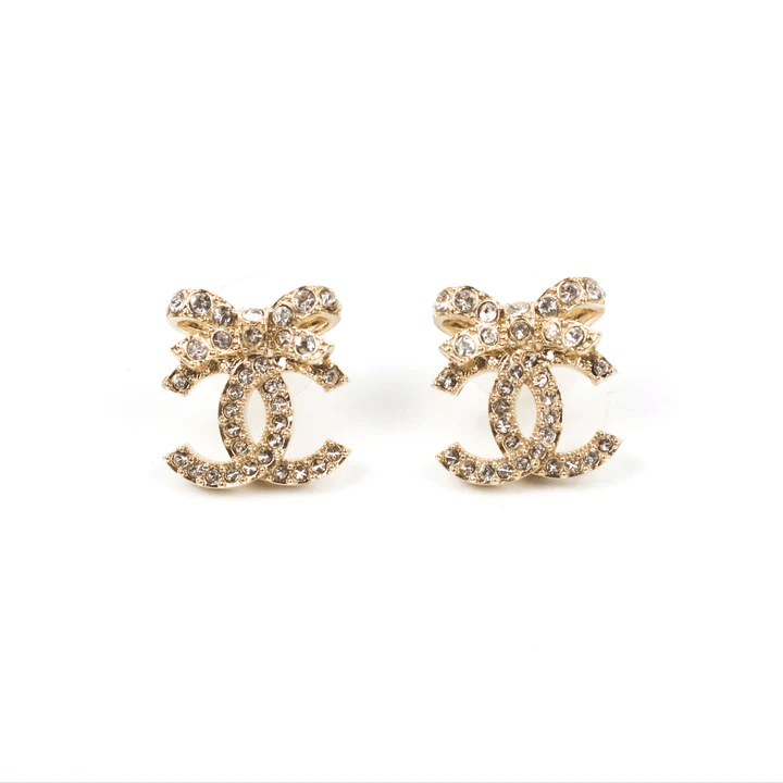 CHANEL Crystal Ribbon Bow CC Earrings