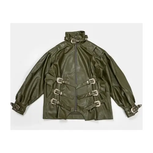 KADAKADA Dark green iron buckle silhouette retro leather jacket