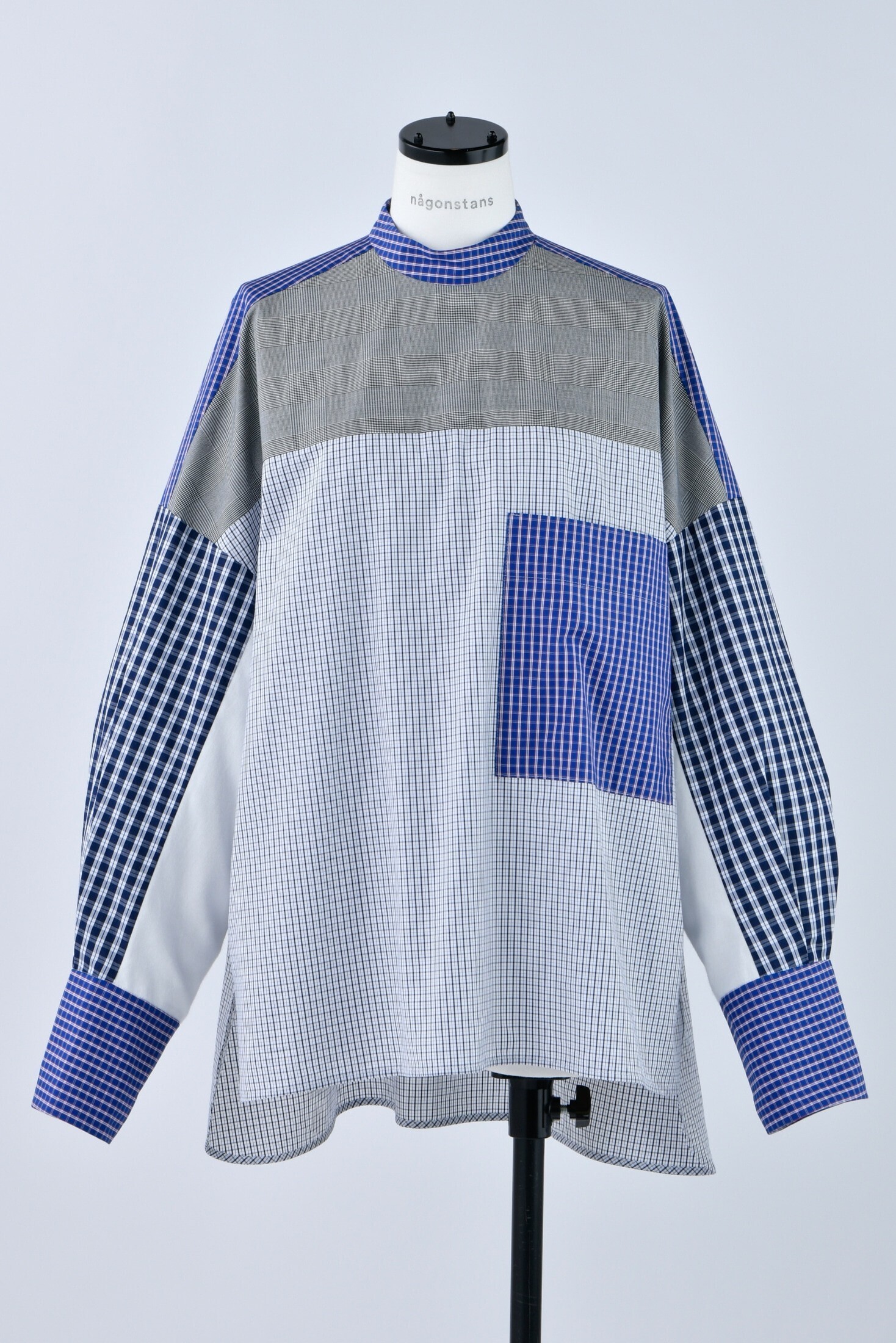 någonstans stand-neck mix-fabric shirt