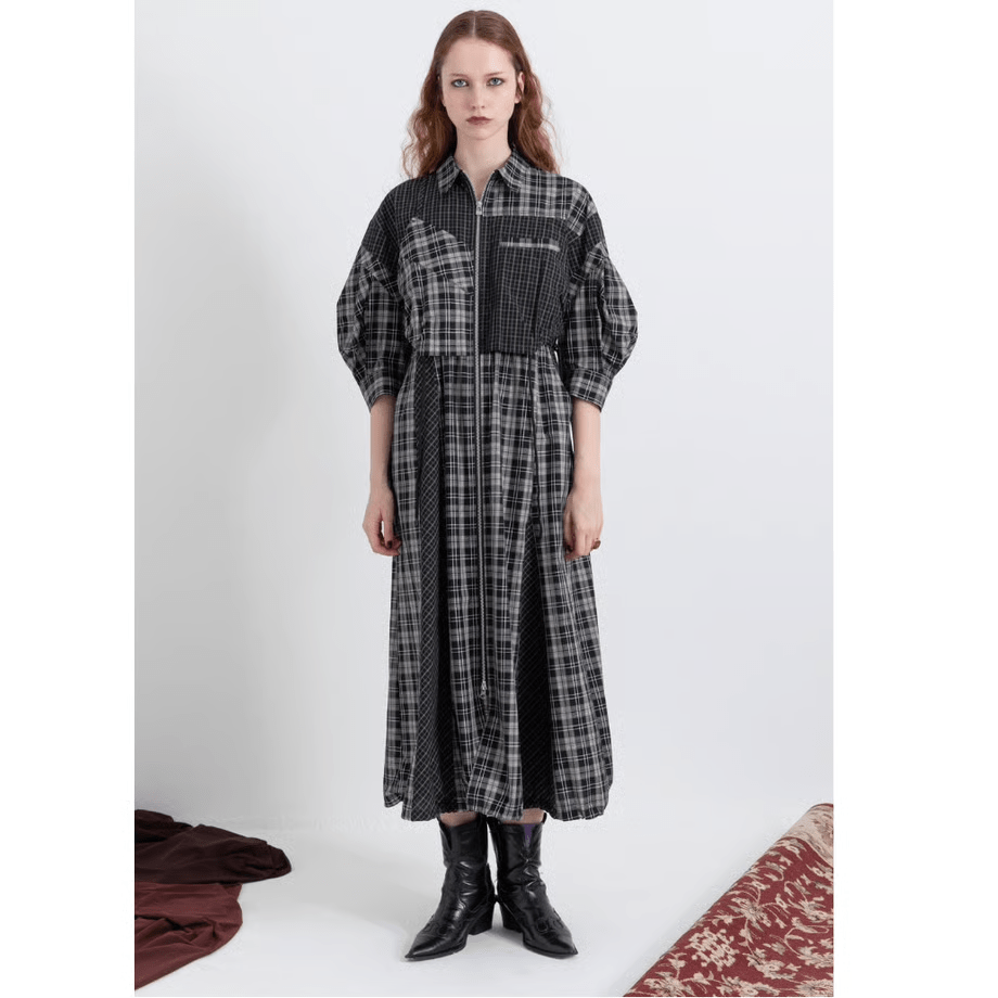 AULA AILA DRAWSTRING CHECK SHIRT ONE PIECE
