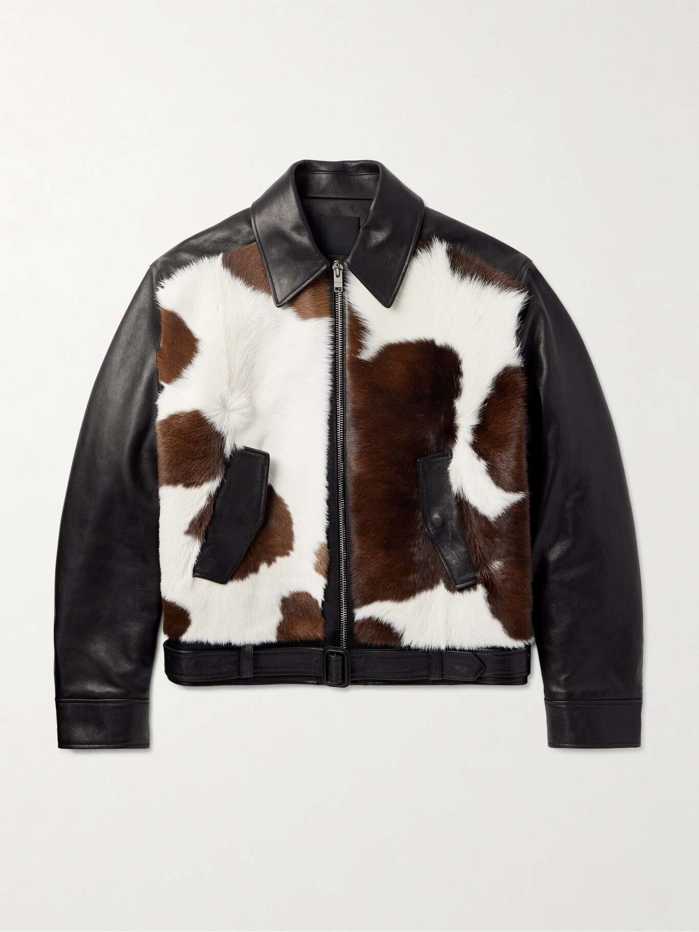 GIVENCHY Slim-Fit Belted Cow-Print Calf Hair and Leather Jacket