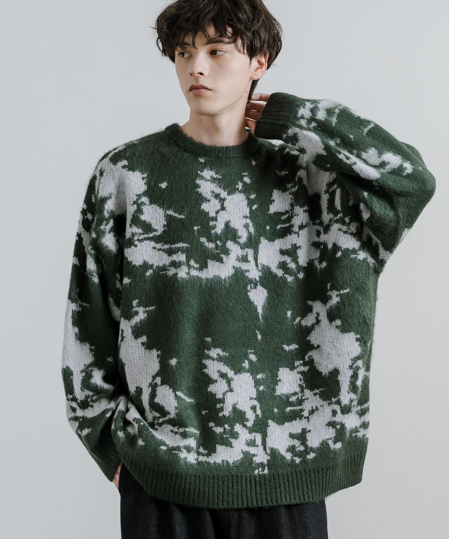 Rocky Monroe モヘアタッチ製品起毛 アブストラクト柄オーバーサイズクルーネックニット