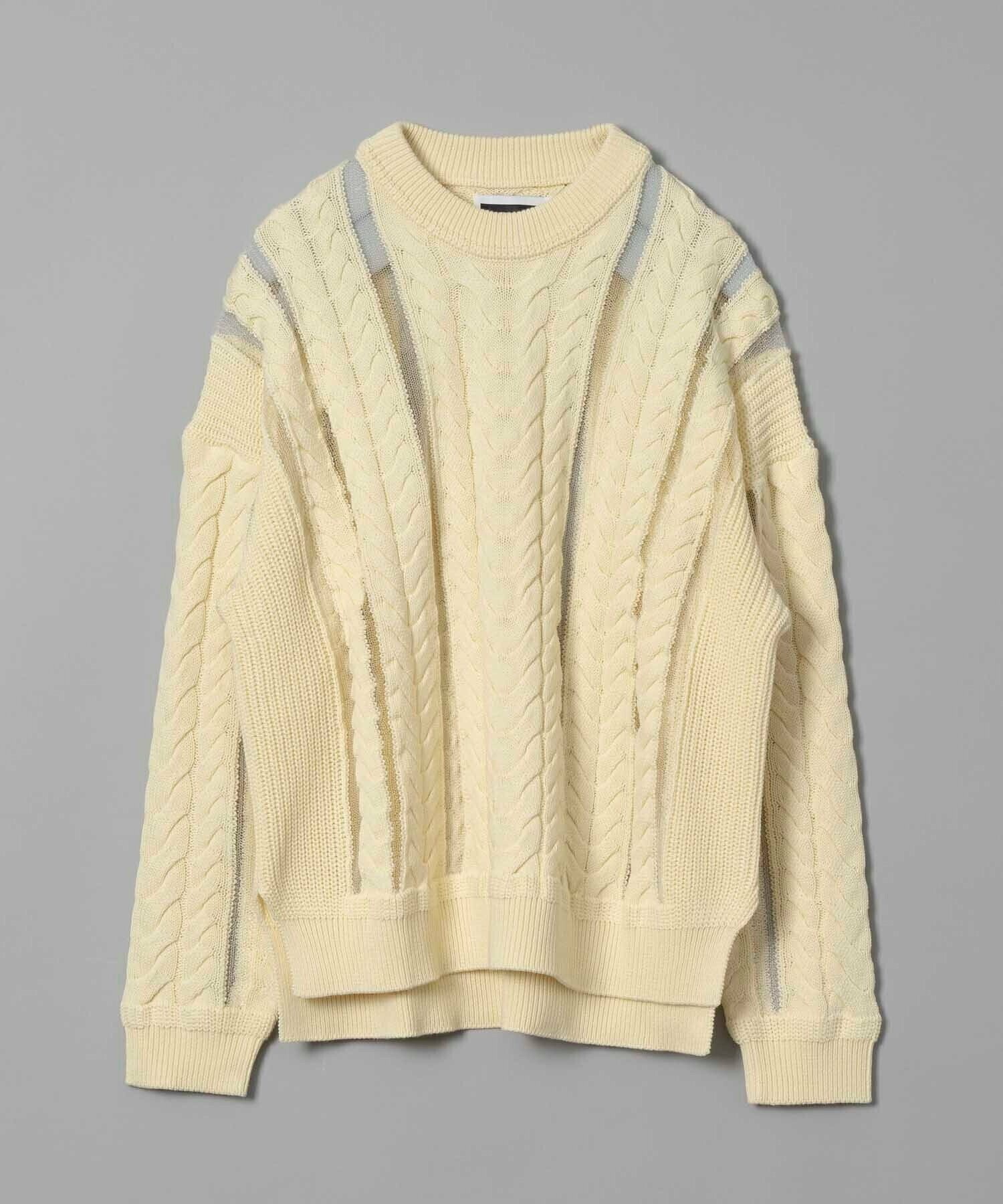 MAISON SPECIAL Cable Knitting Sheer Intarsia Prime-Over Crew Neck Knit