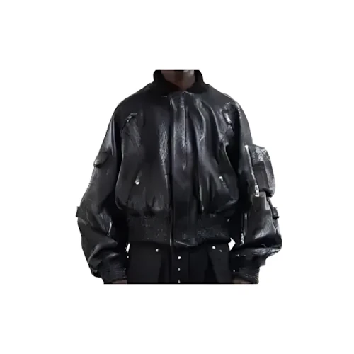 NO／FAITH STUDIOS BLACK DRIED CONCRETE LEATHER BOMBER