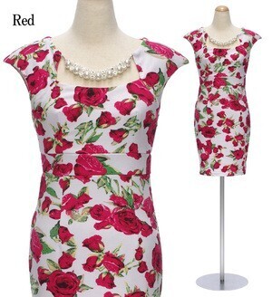 DressLine パールネックレス付き フラワープリント フレンチスリーブワンピースドレス